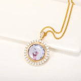 Pet Picture Engrave Zircon Round Necklace Cat Dog Jewelry Photo Name Pendant
