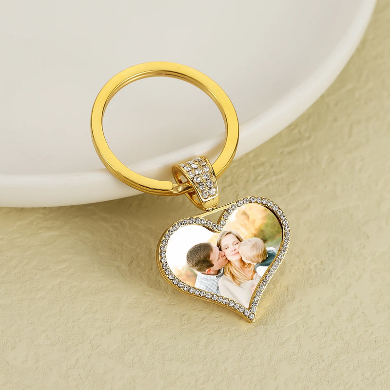 Personalized Photo Heart Keychain with Diamonds for Mother's Gift