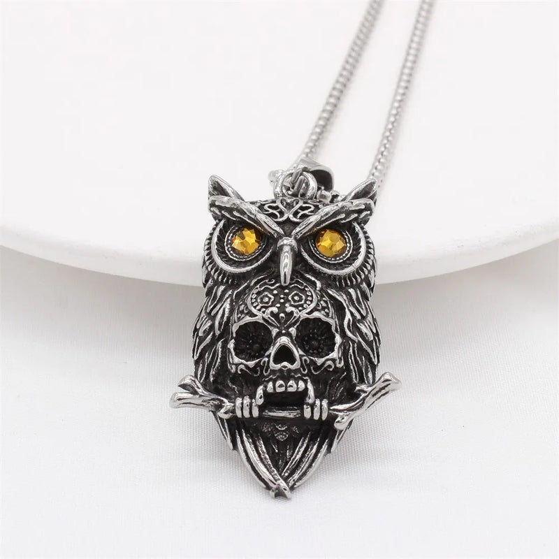 Retro Owl Skeleton Pendant Necklace for Men Dark Wind Yellow Zircon
