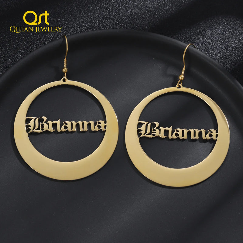 Personalized Round Drop Name Earrings in Stainless Steel18K Plate