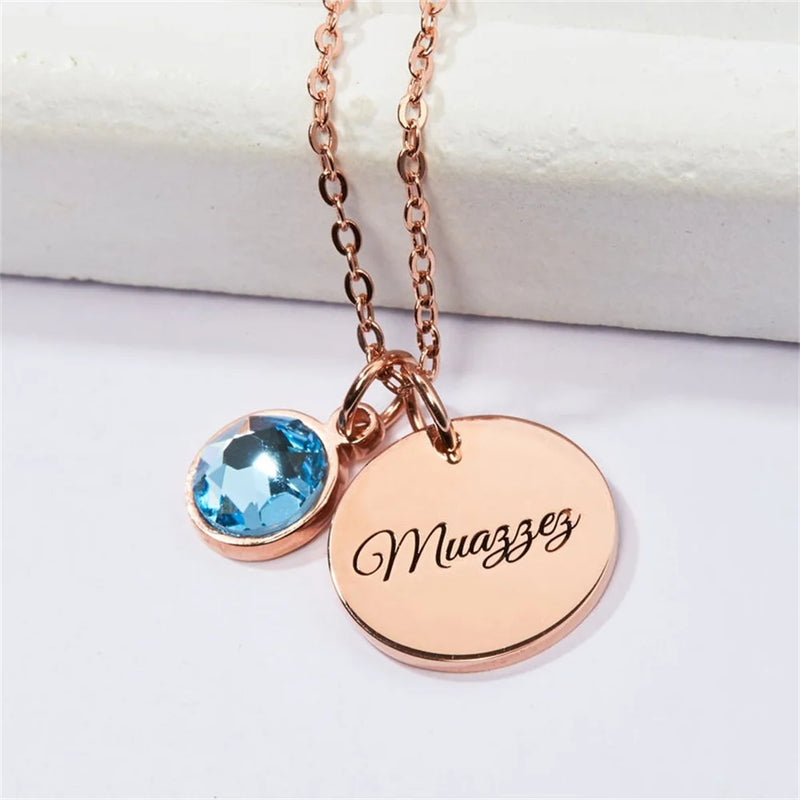Personalized Birthstone Pendant Necklace Stainless Steel Name Engraved Gift