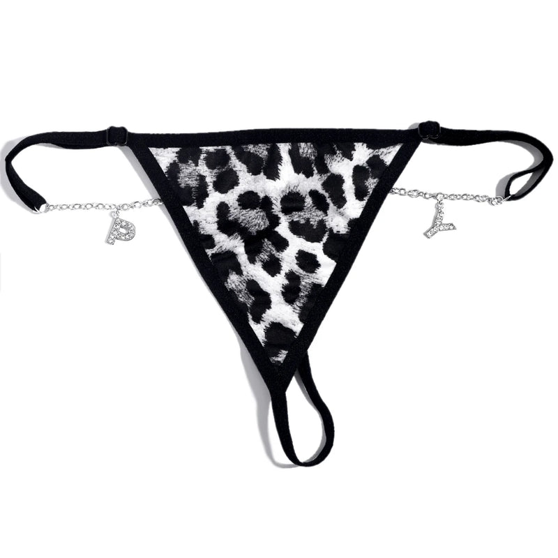 Leopard Print Thong Chain Crystal 26 Letters Belly Waist Belt
