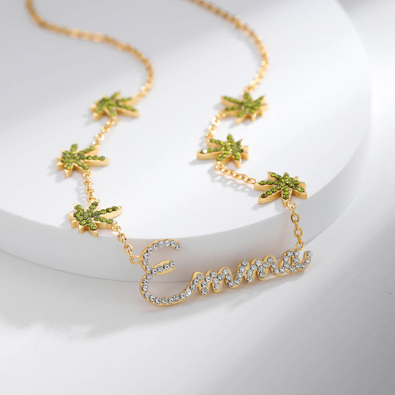 Custom Maple Leaf Diamond Name Necklace for Women
