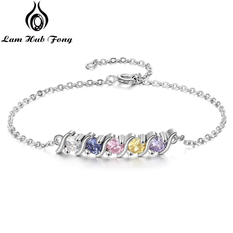 Personalized Silver Bracelet with 5 Birthstone CZ Charms