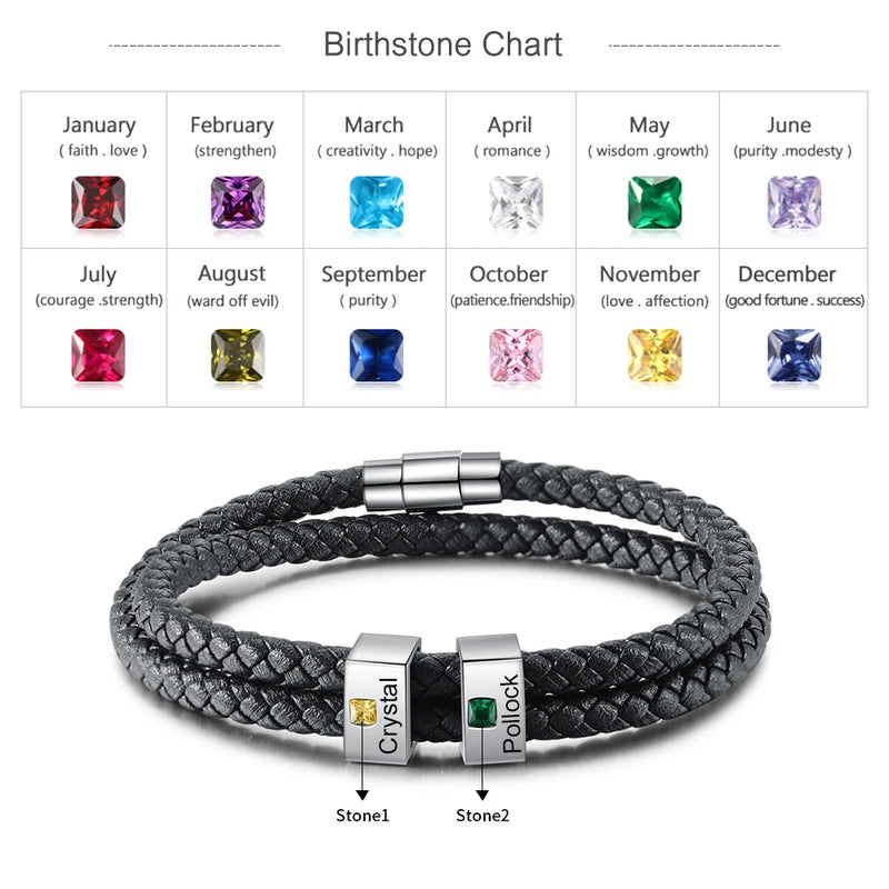 Square Engraved Beads Bracelet with Birthstone Name for Men