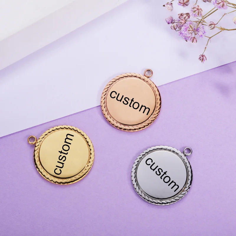 Stainless Steel Circle Rope Border Charms Round Tray Pendant 10pcs