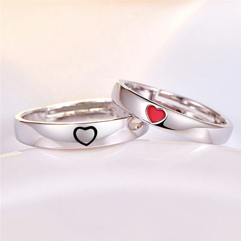 Stainless Steel Love Couple Red Heart Ring Wedding Ring 2pcs