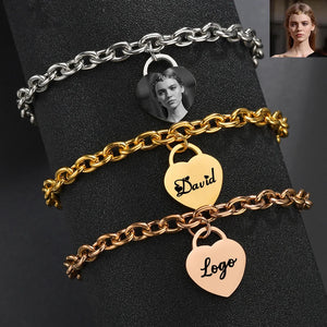Custom Stainless Steel Heart Bracelet for Women Engrave Name Photo Logo