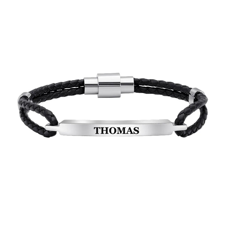 Custom Men Leather Bracelet Personalized Stainless Steel Name Gift