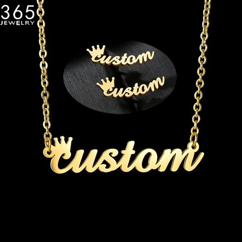 Personalized Stainless Steel Name Necklace Crown Bracelet Earring Gift