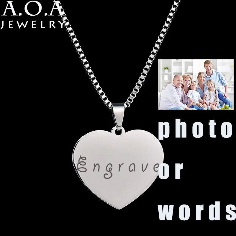 Custom Heart Love Photo Name Pendant Necklace Stainless Steel Box Chain