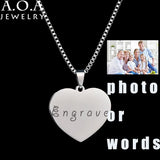 Custom Heart Love Photo Name Pendant Necklace Stainless Steel Box Chain