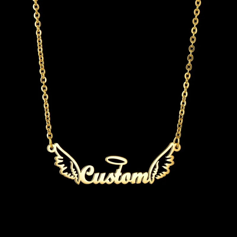 Stainless Steel Necklace Angel Wings Nameplate Choker Birthday Jewelry