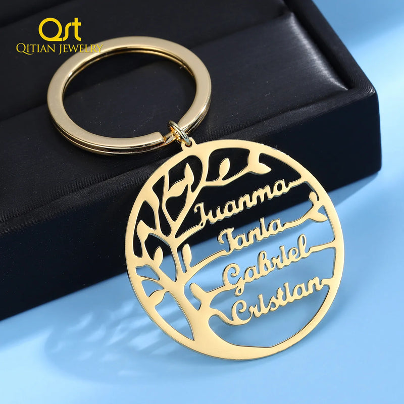 Personalized Family Tree Keychain Name Stainless Steel Nameplate Keychain