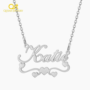 Custom Cursive Font Name Necklace With Heart Chain 18K Gold Plate Pendant