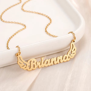 Personalized Textured Name Necklace With Angel Wings Stainless Steel Chain