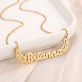 Textured Name Necklace with Angel Wings, Stainless Steel Chain