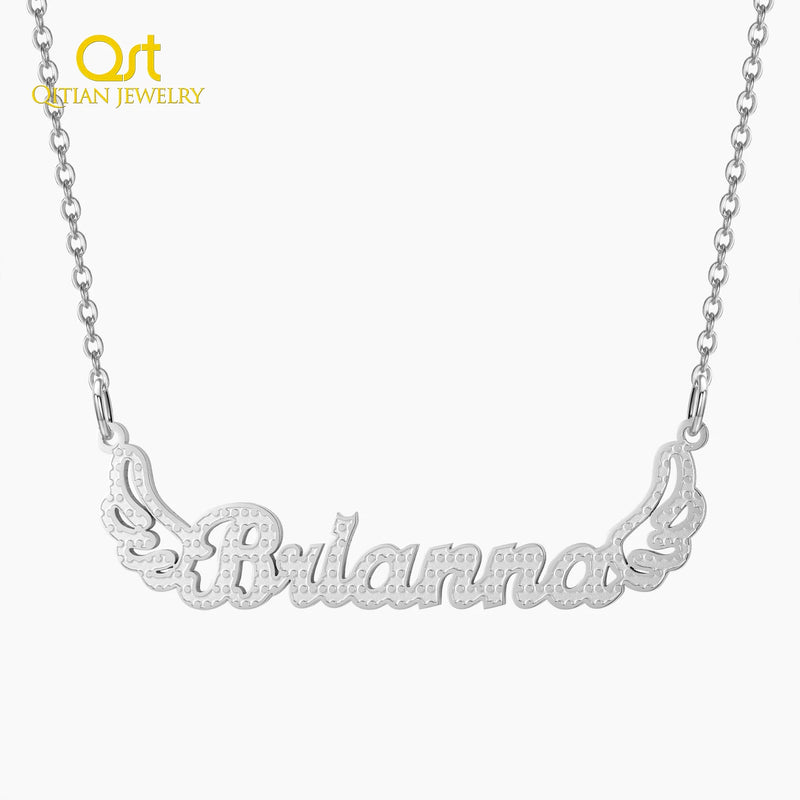 Textured Name Necklace with Angel Wings, Stainless Steel Chain