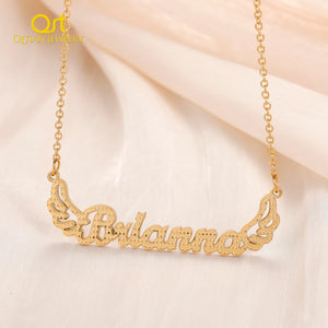 Textured Name Necklace with Angel Wings, Stainless Steel Chain