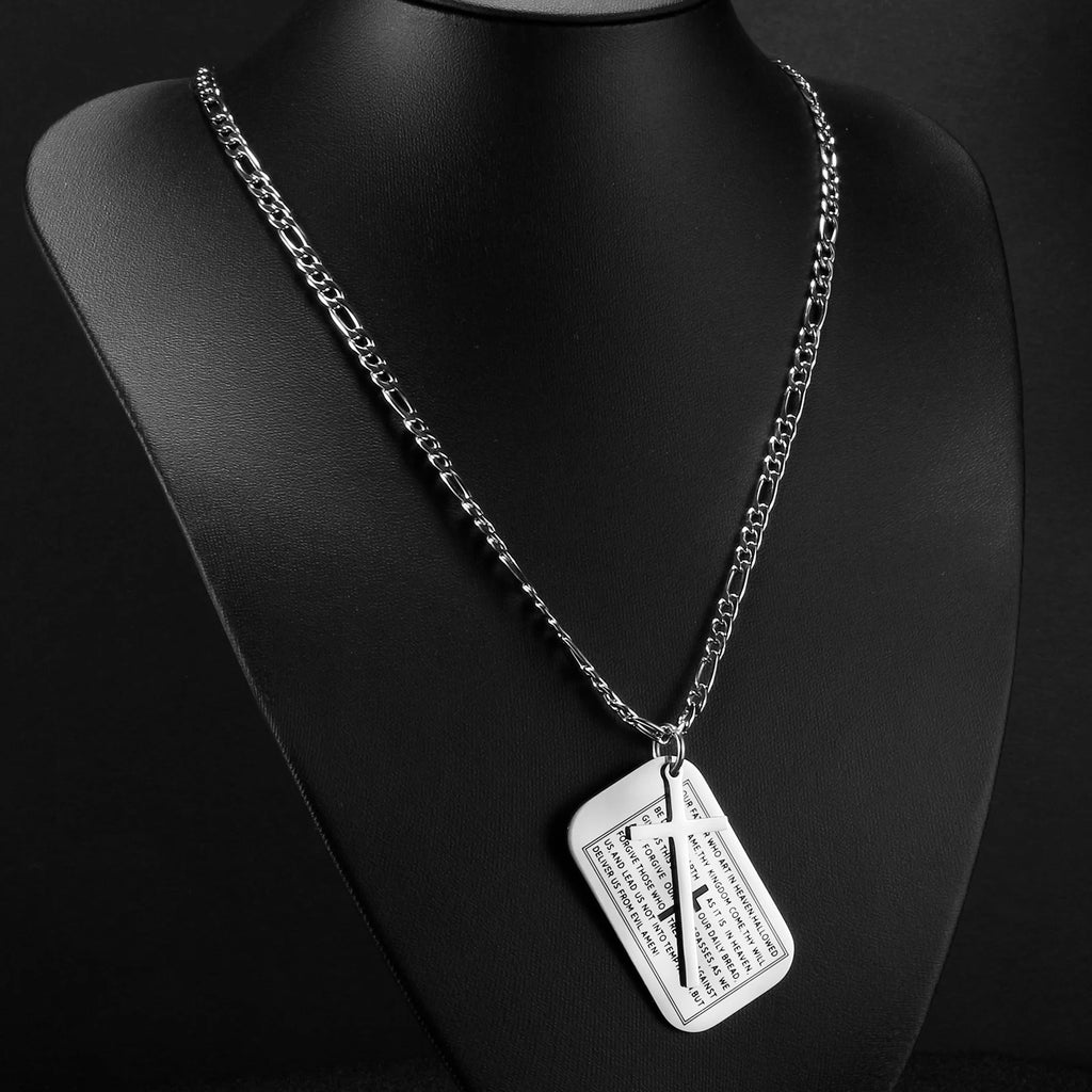 Bible Cross Dog Tag Necklace Silver Stainless Steel Christian Jewelry
