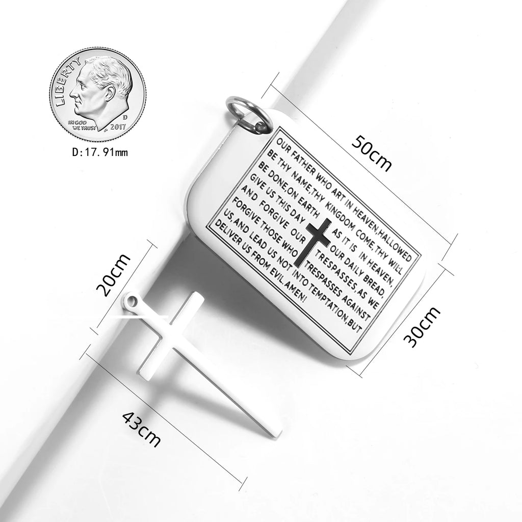 Bible Cross Dog Tag Necklace Silver Stainless Steel Christian Jewelry