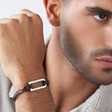Personalized Leather Men Bar Bracelet Stainless Steel 18K Plated Him