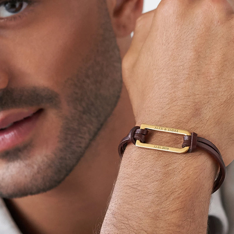 Personalized Leather Men Bar Bracelet Stainless Steel 18K Plated Him