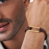 Personalized Leather Men Bar Bracelet Stainless Steel 18K Plated Him