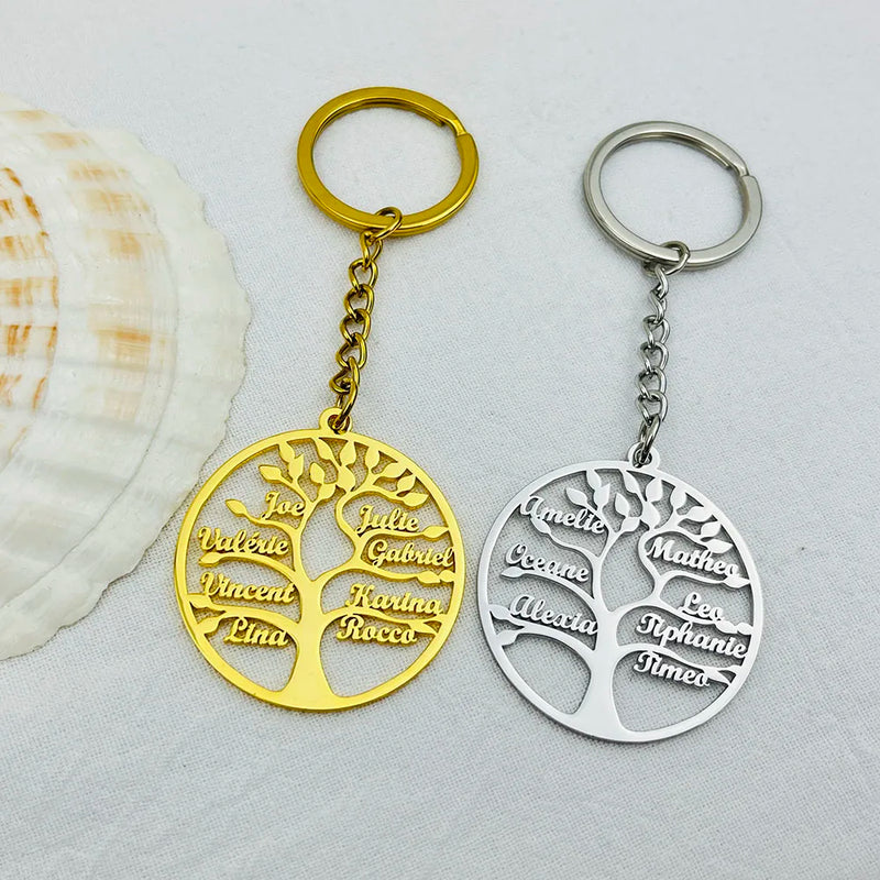 Family Tree Pendant Keychain with Names - Stainless Steel