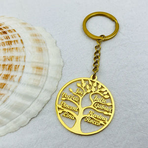 Family Tree Pendant Keychain with Names - Stainless Steel