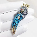 Turquoise Inlaid Orchid Flower Wolf Tooth Dragon Tooth Flame Necklace Pendant