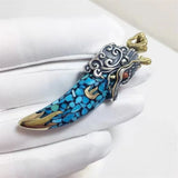 Turquoise Inlaid Orchid Flower Wolf Tooth Dragon Tooth Flame Necklace Pendant