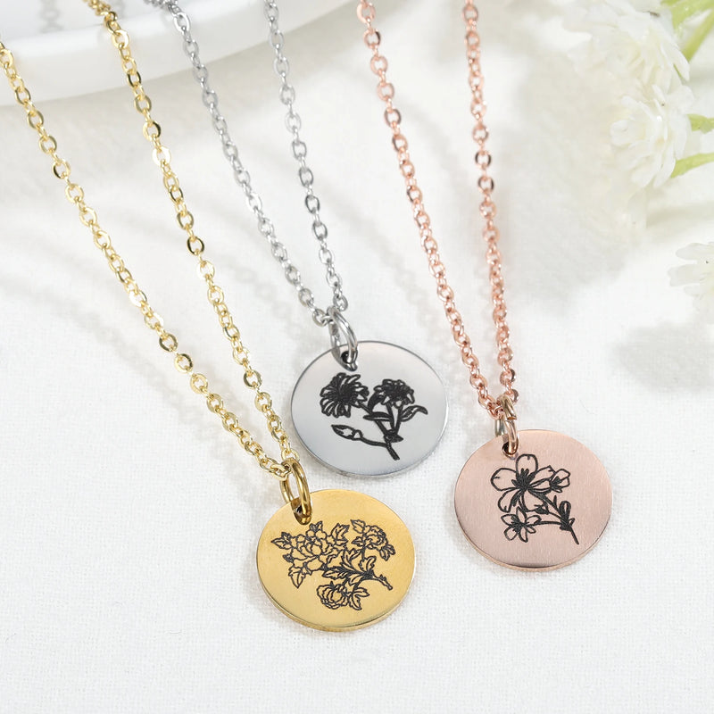 Personalized Wafer Engraved Name Necklace Flowers Pattern Nameplate Jewelry