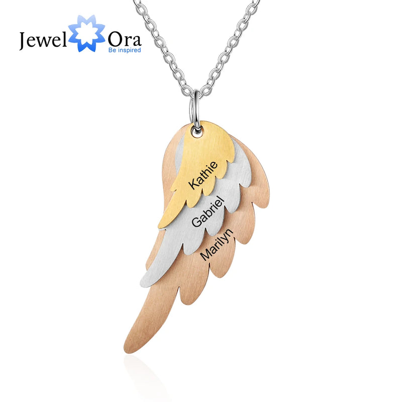 Custom 3 Name Wings Necklace Mixed Steel & Rose Family Engraved Necklace