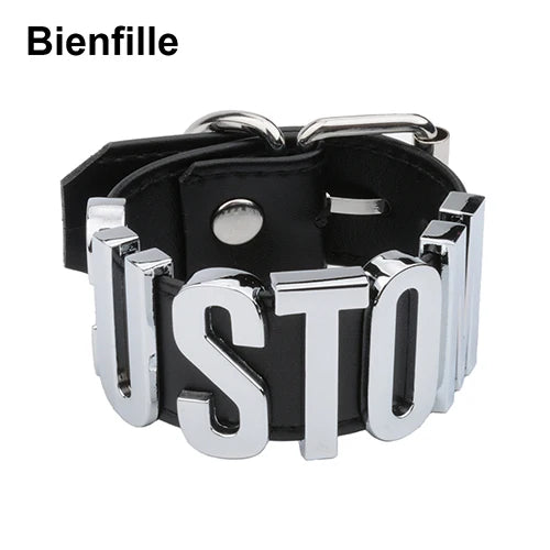 Personalized Word Goth Punk PU Leather Wrist Men Women Bangle