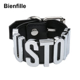 Personalized Word Goth Punk PU Leather Wrist Men Women Bangle