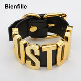 Personalized Word Goth Punk PU Leather Wrist Men Women Bangle