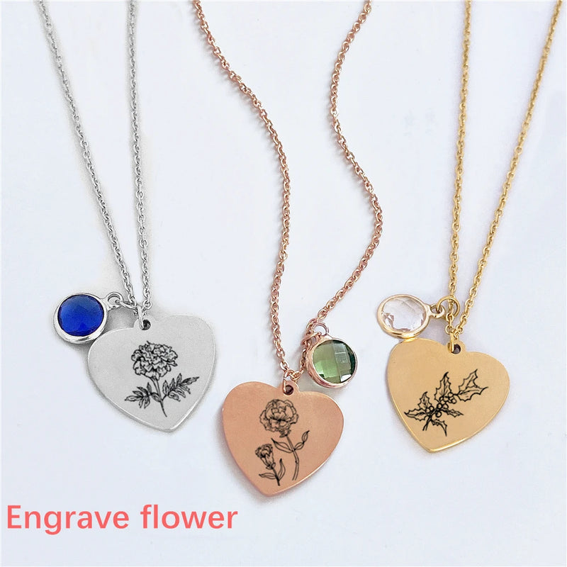 Custom Birthstone Necklace with Engraved Name Date Year
