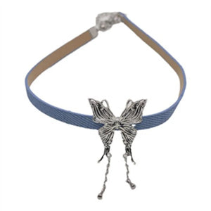 Personalized Butterfly Denim Leather Collar Neck Strap Chain