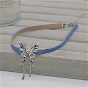 Personalized Butterfly Denim Leather Collar Neck Strap Chain