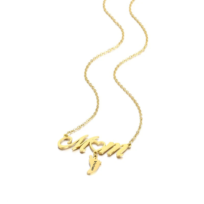 Personalized Kids Name Necklace Mom Small Foot Engraved Pendant