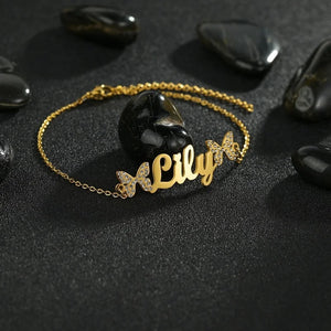 Custom Name Diamond Butterflies Necklace Bracelet Stainless Steel