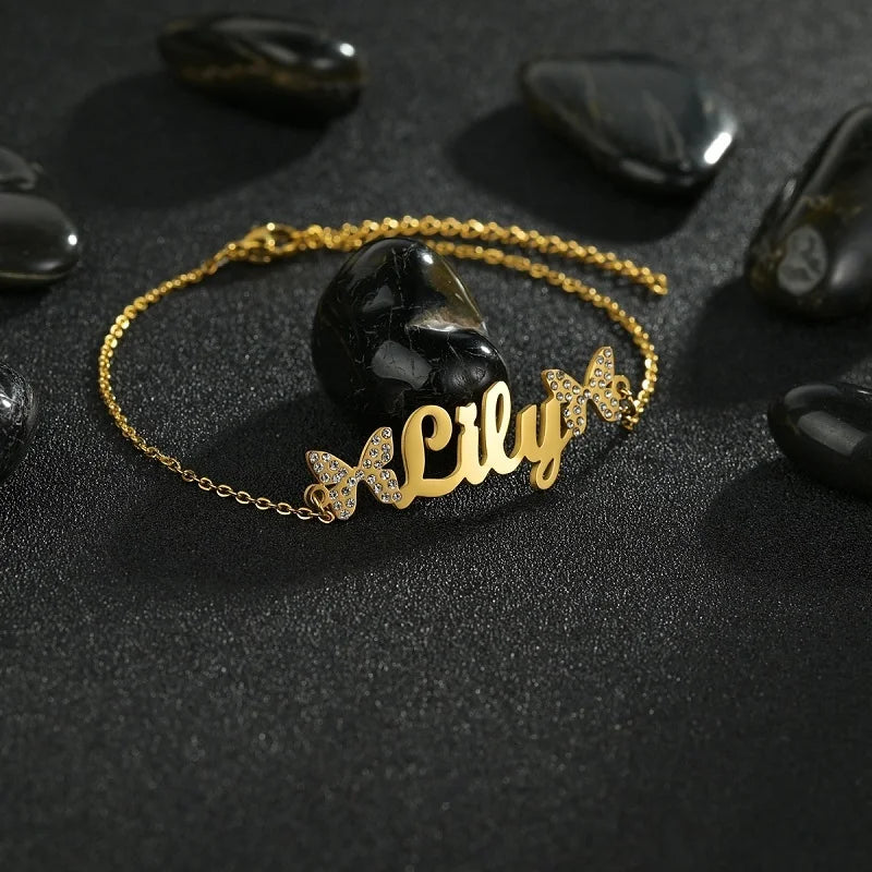Custom Name Diamond Butterflies Necklace Bracelet Stainless Steel