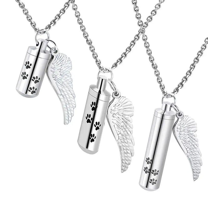 Pet Cremation Jewelry Dog Paw Urn Necklace with Angel Wing Charm