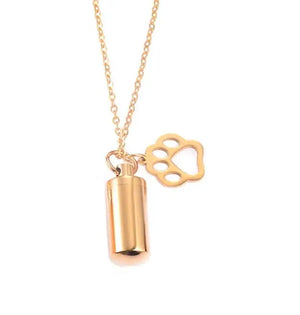 Dog Paw Charm Cylinder Urn Necklace Stainless Steel Cremation Jewelry