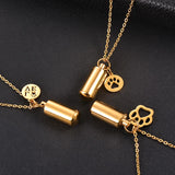 Dog Paw Charm Cylinder Urn Necklace Stainless Steel Cremation Jewelry
