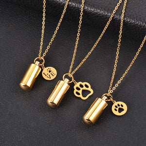 Dog Paw Charm Cylinder Urn Necklace Stainless Steel Cremation Jewelry