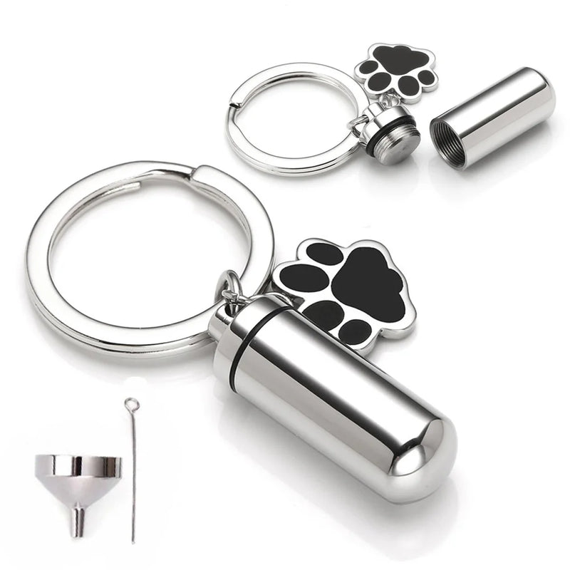Pet Keychain Cylinder Key Chain with Paw Print Memorial Urn Necklace