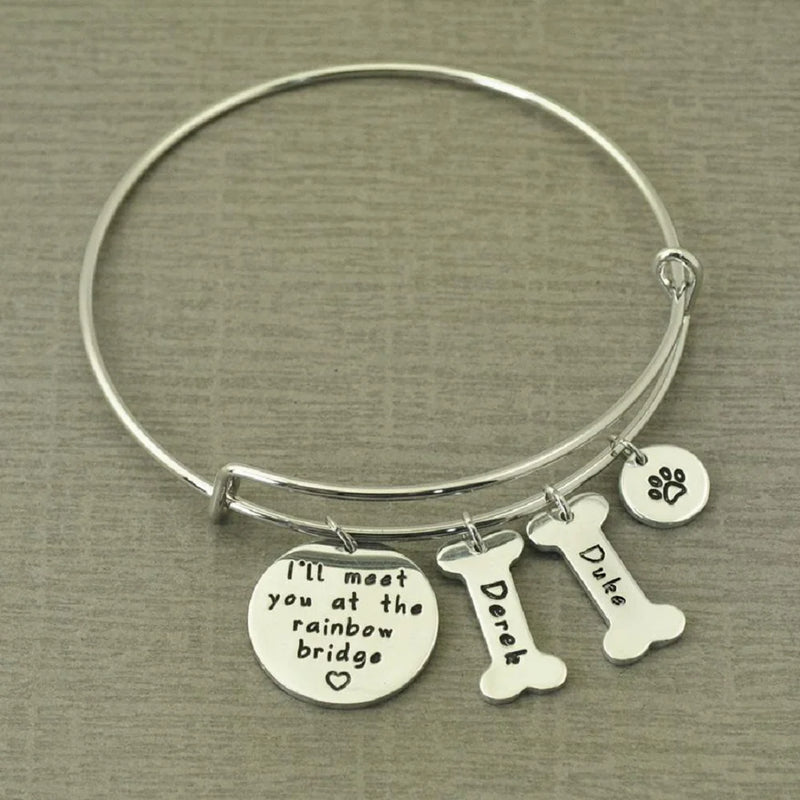 Personalized Dog Memorial Bracelet Engraved Names Paw Print Bangle