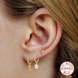 Colorful Flower Petal Hoop Earrings 925 Sterling Silver Sweet Girls Jewelry